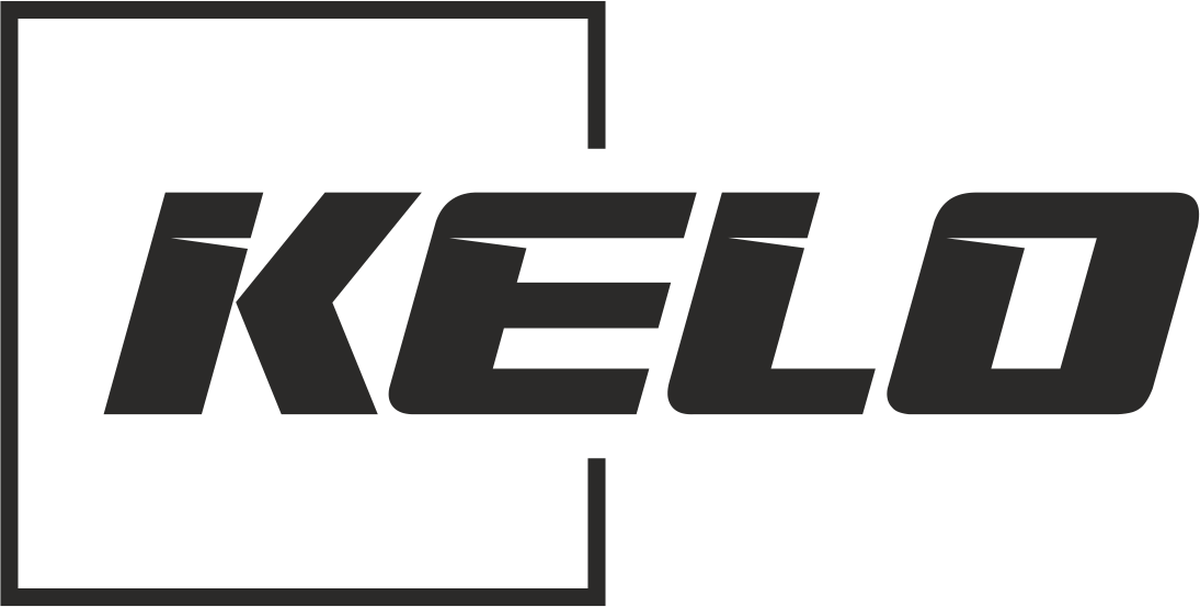 logo firmy Kelo. Napis kelo w czarnej obramówce.